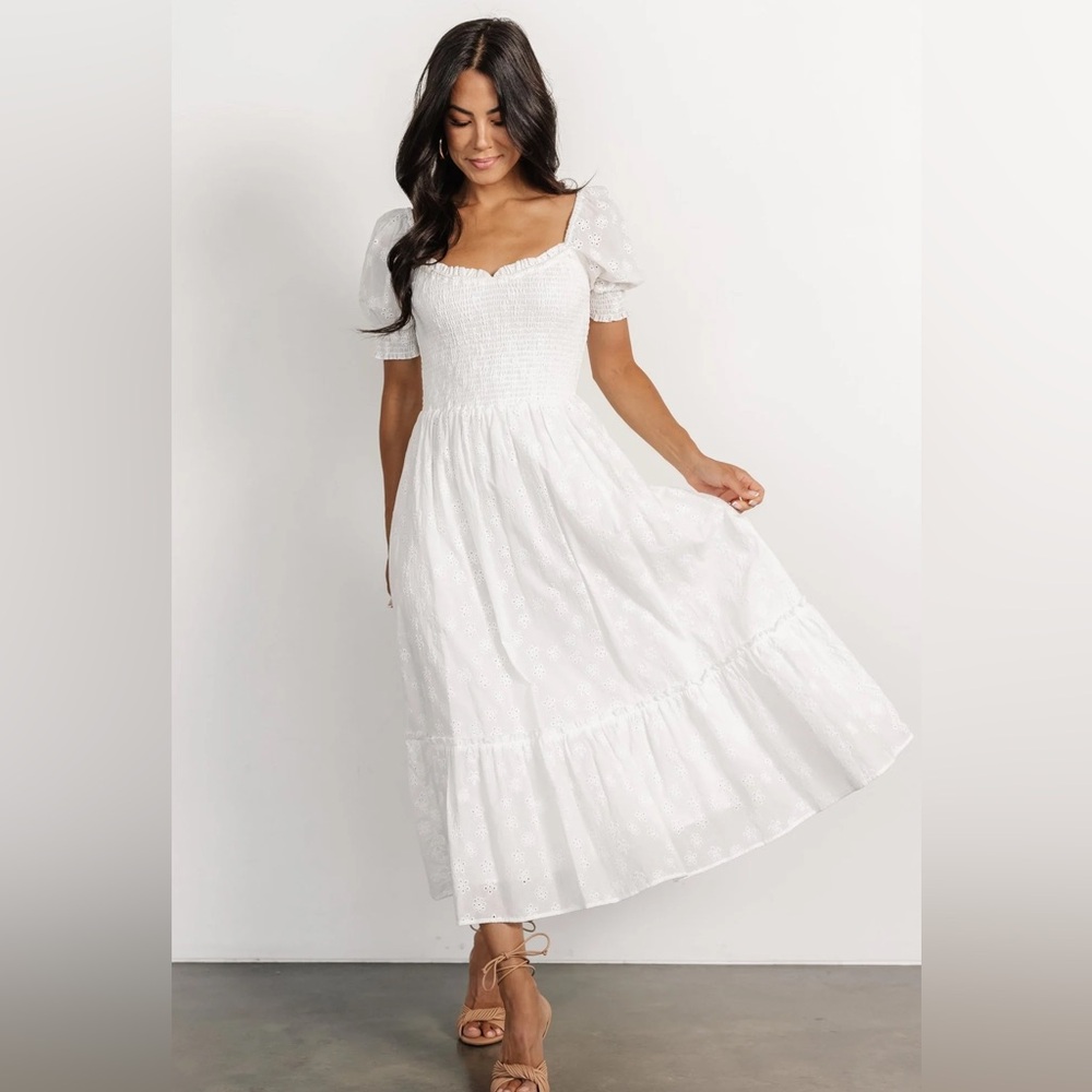 Baltic Born White Midi Dress with Puff Sleeves